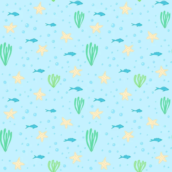 Underwater seamless pattern. Seamless pattern with underwater elements.Seamless vector pattern with sea fishes, starfihes and seaweeds. Underwater background. Sea life background. Sea animals pattern.