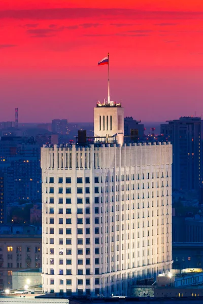 Russian White House of government building in Moscow at red sunset aerial panorama
