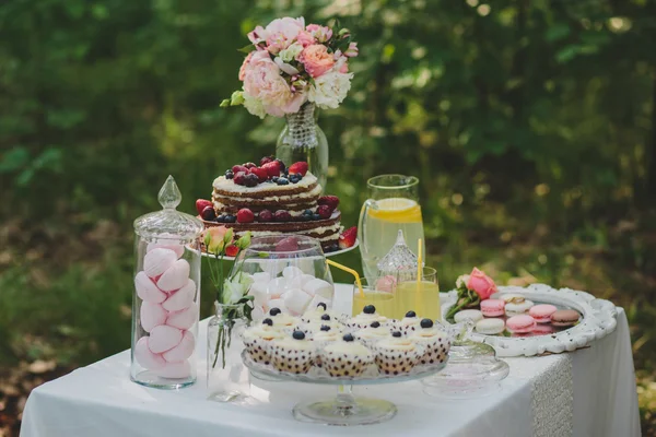 Decorated sweet table for summer wedding picnic with sweets, cup