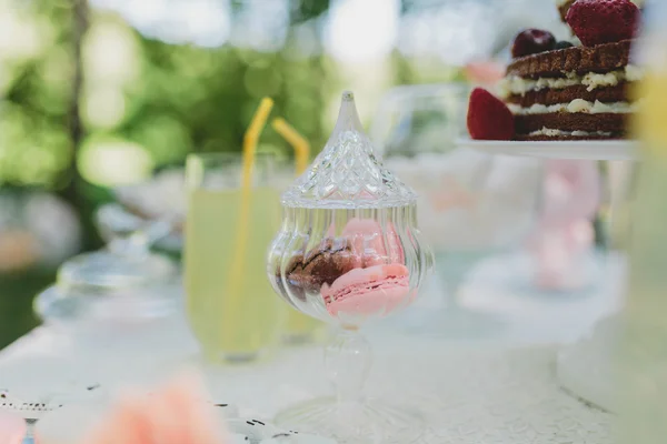 Decorated sweet table for summer wedding picnic with sweets, cup