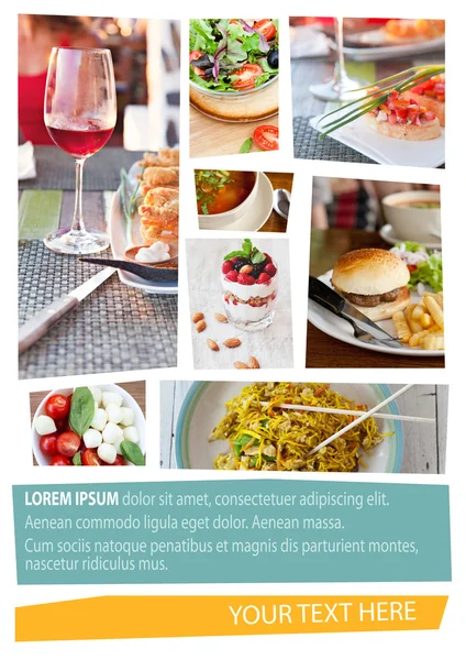 Beautiful food collage with space for text. A variety of dishes, cover menu.