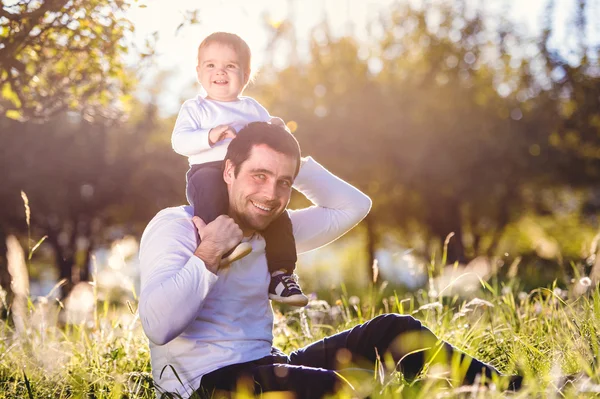 Father carrying son on shoulders, sitting on the grass