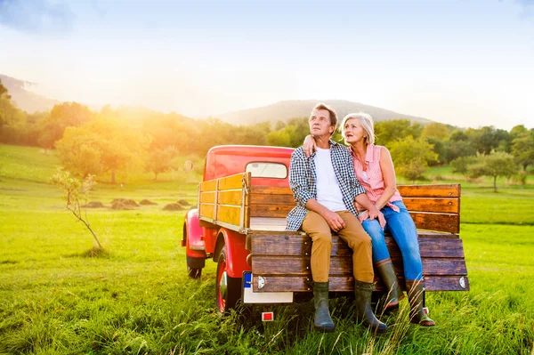 Senior couple sitting in pickup truck