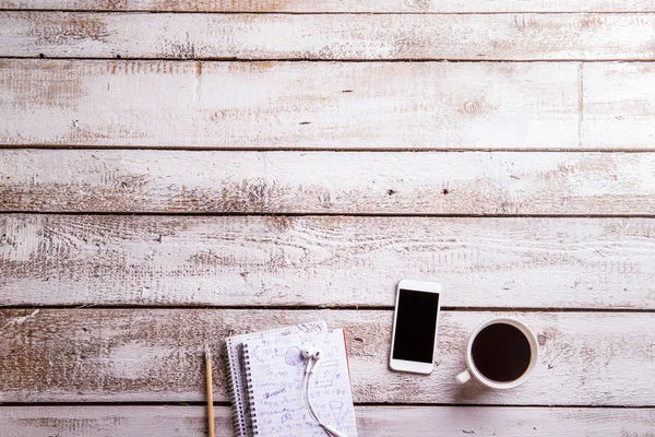 Desk, gadgets and office supplies. Flat lay. Copy space.