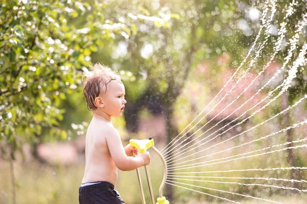 Little boy at the sprinkler having fun, summer garden
