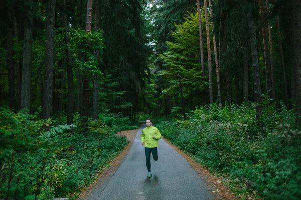 Man running on path in an old green forest.
