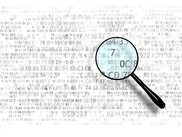 The concept of search in hex code, malicious code. Web search. A magnifying glass looking for