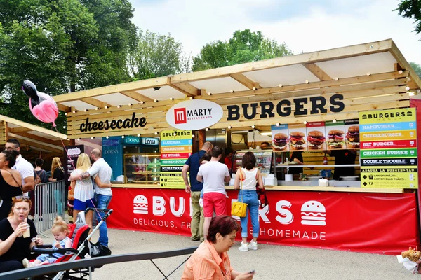 People have a snack at the Street Food Festival in central park Cluj.