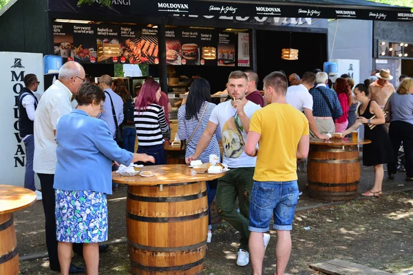 People have a snack at the Street Food Festival in central park Cluj.