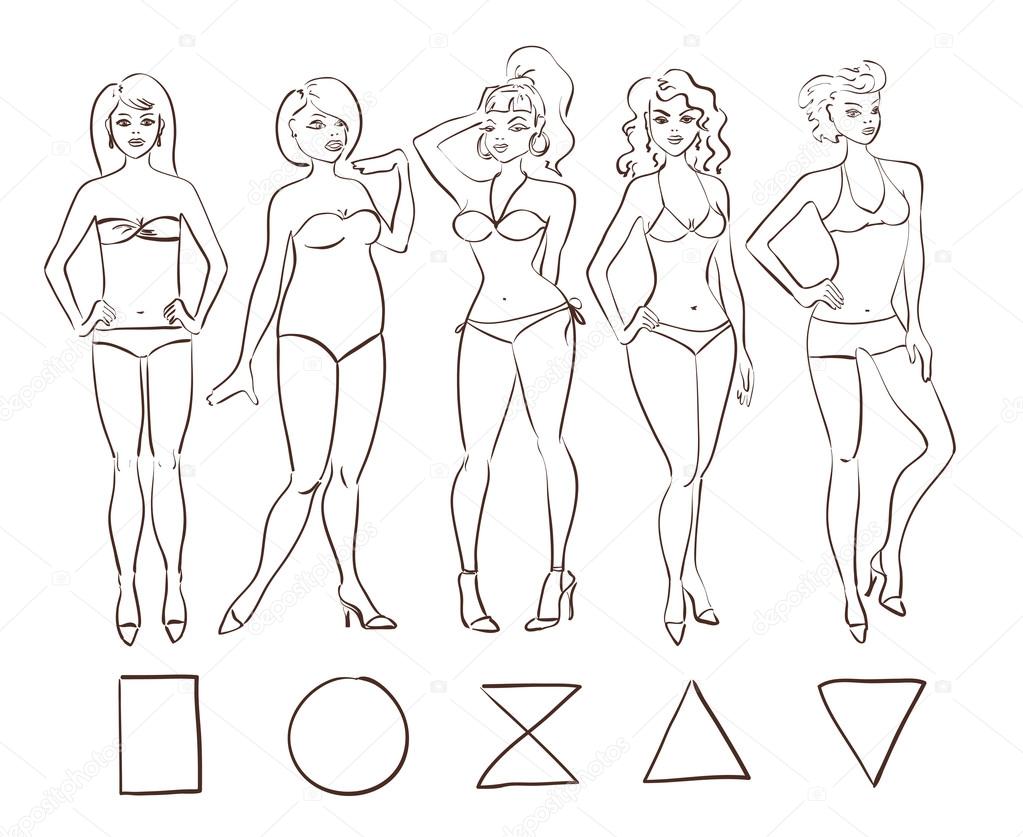 Sketch set of isolated female body shape types. — Stock Vector