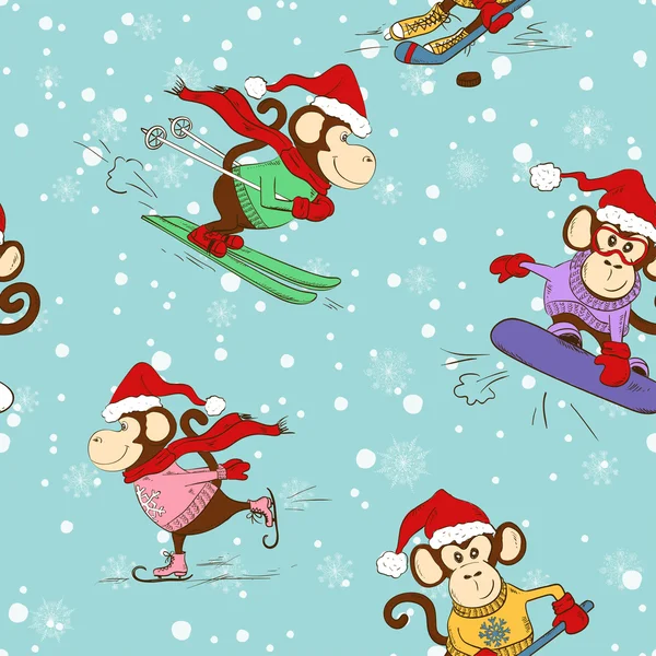 Seamless Pattern Of Funny Cartoon Monkey Doing Winter Sports.