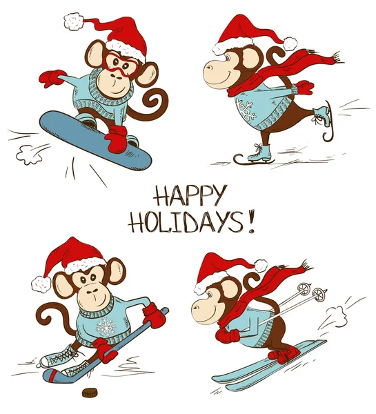 Set Of Cartoon Monkey Icons Doing Winter Sports.