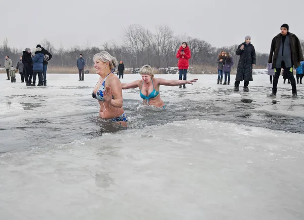 Novomoskovsk, Dnepropetrovsk region. Ukraine -19 January : religious holiday of Epiphany . People bathe in winter in the river  Samara city Novomoskovsk Dnipropetrovsk region January 19, 2015