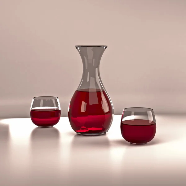 The carafe of red wine and  glasses.