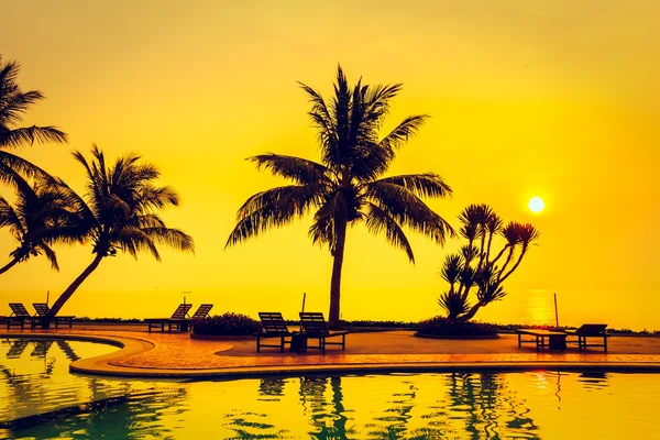 Silhouettes of coconut palm trees with swimming pool