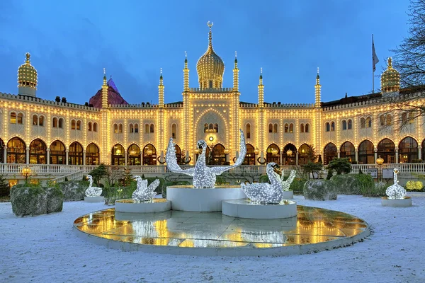 Moorish Palace and Christmas installation with Swans in Tivoli Gardens in Copenhagen