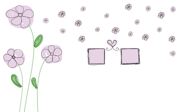Purple flowers with photo frame and heart hand drawn for decorat