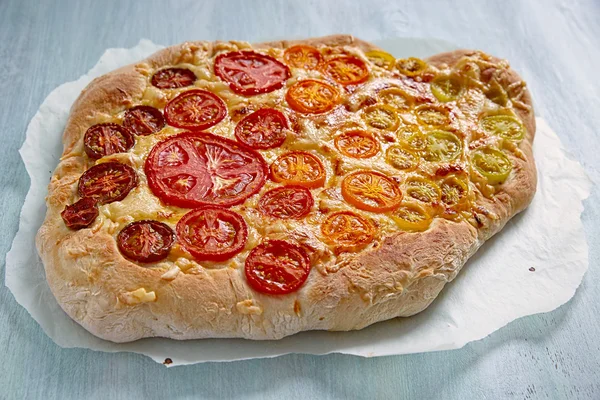 Rainbow tomato pizza