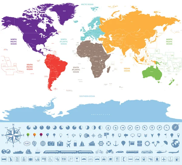 Political map of the world colored by continents with many travel icons and stuff