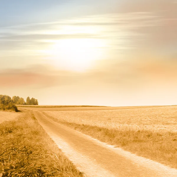 Field path in warm sunlight in vintage style - idyllic landscape - peaceful background - rural scenery - picture with soft oil paint filter