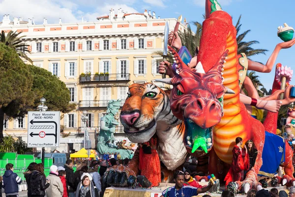 NICE, FRANCE - FEBRUARY 26: Carnival of Nice in French Riviera. This is the main winter event of the Riviera. The theme for 2013 was King of the five continents. Nice, France - Feb 26, 2013