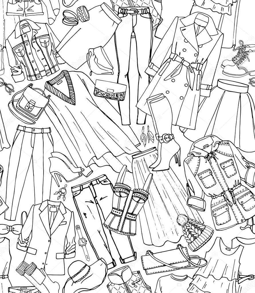 手は、服、靴、バッグ、女性のファッション アクセサリーのシームレスなパターン ベクトルを描画します。印刷、web、ファブリックに使用できます。