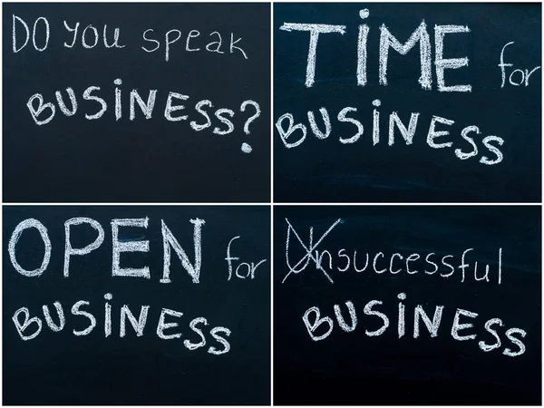 Photo collage of business messages written with white chalk on blackboard, business learning concept