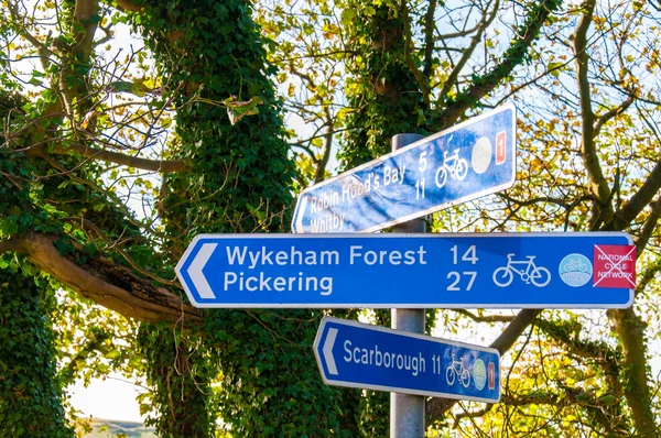Closeup on tourist Sign posts in village of Ravenscar, UK