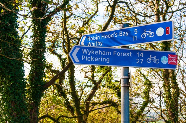 Closeup on tourist Sign posts in village of Ravenscar, UK