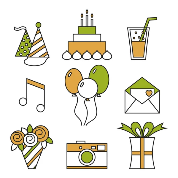 Holiday icons, happy birthday, set. Cake, balloons, flowers, gift, and other festive design elements.