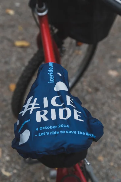 Detail of bicycle saddle at Ice Ride 2014 in Milan, Italy
