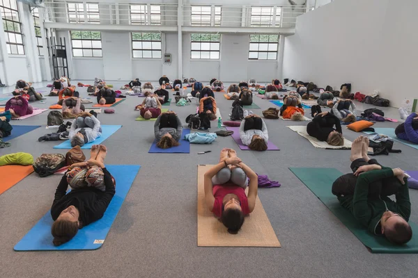 People take a class at Yoga Festival 2014 in Milan, Italy