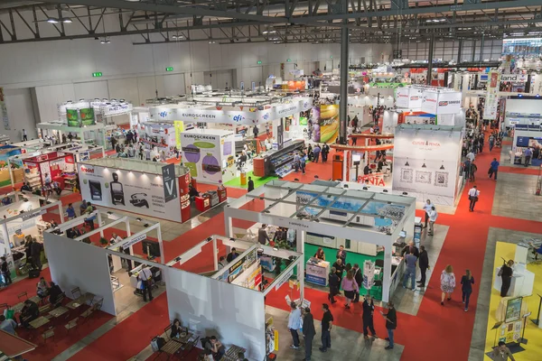 Top view of people and booths at Viscom trade fair in Milan, Italy