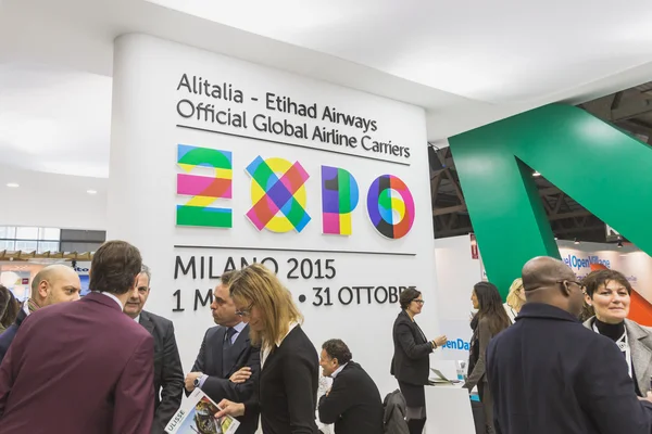 Alitalia stand with Expo logo at Bit 2015, international tourism exchange in Milan, Italy