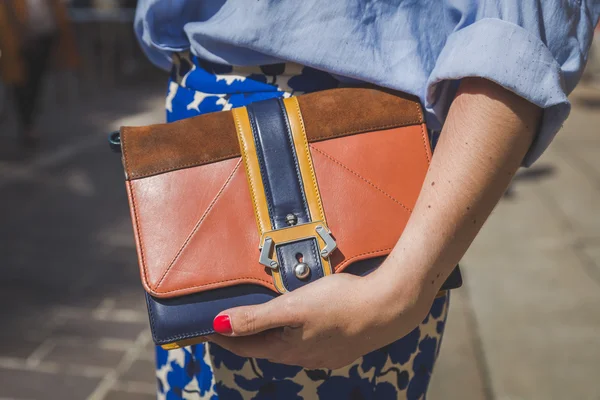 Detail of bag outside Missoni fashion show building for Milan Me