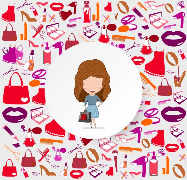 Girl with shopping bags on cosmetic, make up and beauty icons an