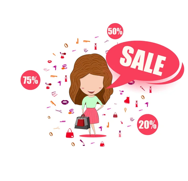Girl sell with shopping bags on cosmetic, make up and beauty ico