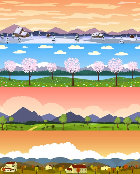 Four seasons landscape cartoon seamless backgrounds set.