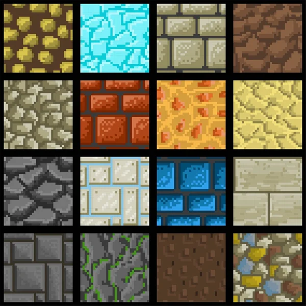 Collection of sixteen seamless pixel ground textures for game platforms. Vector illustration