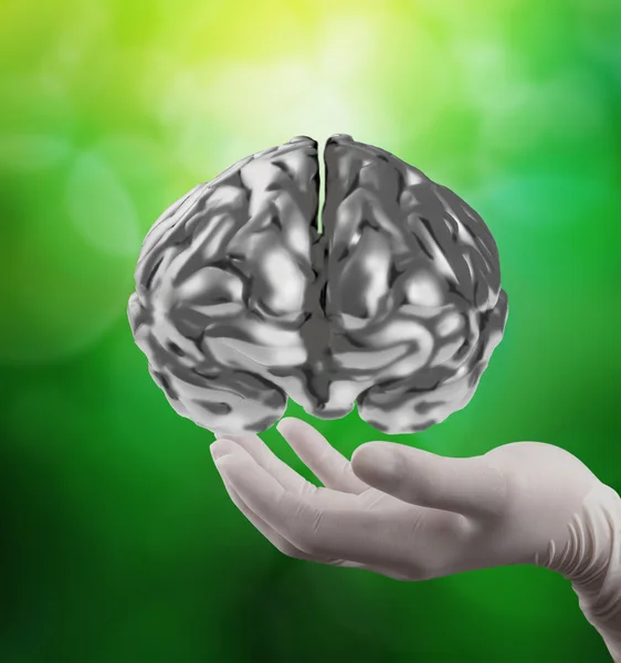 Doctor neurologist hand show metal brain with computer interface