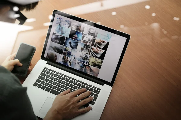 Top view of businessman hand working with new modern computer an