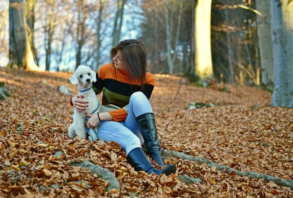A girl with her dog in colorful autumn forest