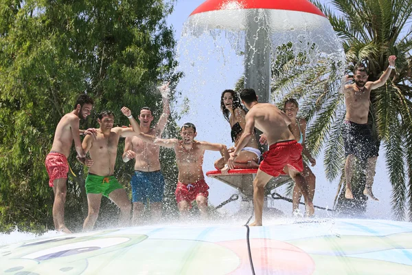 Cheerful group of young people in the  water park