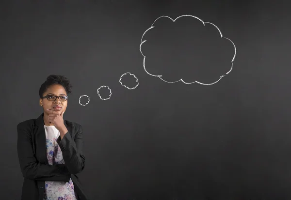 African American woman with hand on chin thinking thought bubble on blackboard background