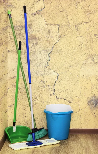 Mop, broom and bucket with detergent