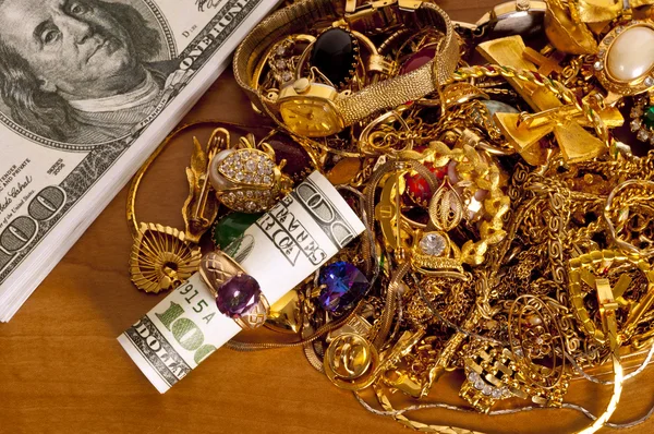 Hundred Dollar Bill NOT REAL Inside A Gold Ring With Cash And Gold Jewelry