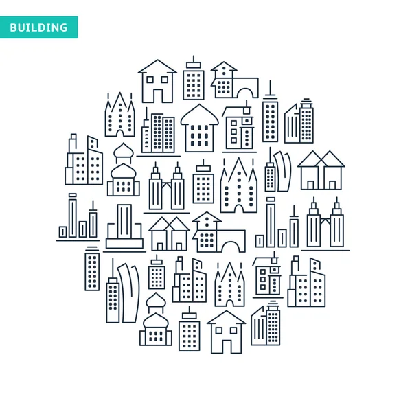 Immovables and Buildings lined icons set on the white background in the form of circle