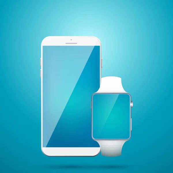 White smartphone with watch vector realistic object on the blue background.
