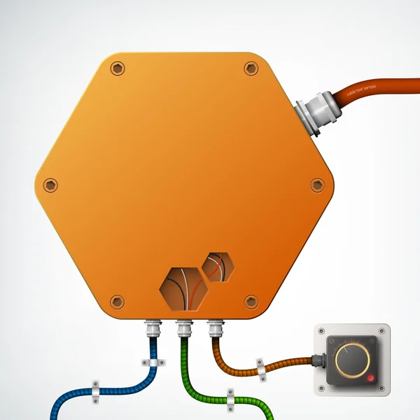 High-tech industrial box with wires. Realistic technical orange element isolated on the white background.