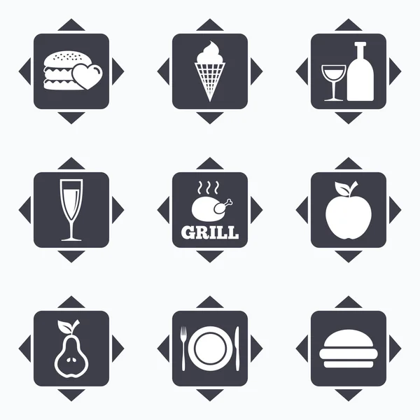 Food, drink icons. Alcohol and burger signs.